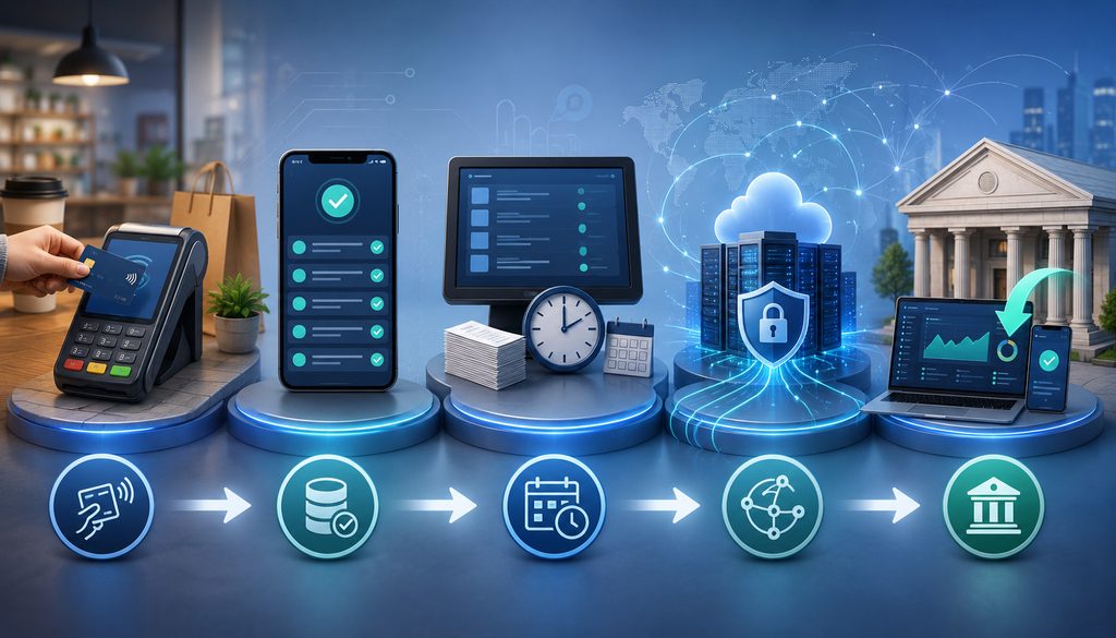 Payment authorization, capture, batch close, settlement, and funding process illustration