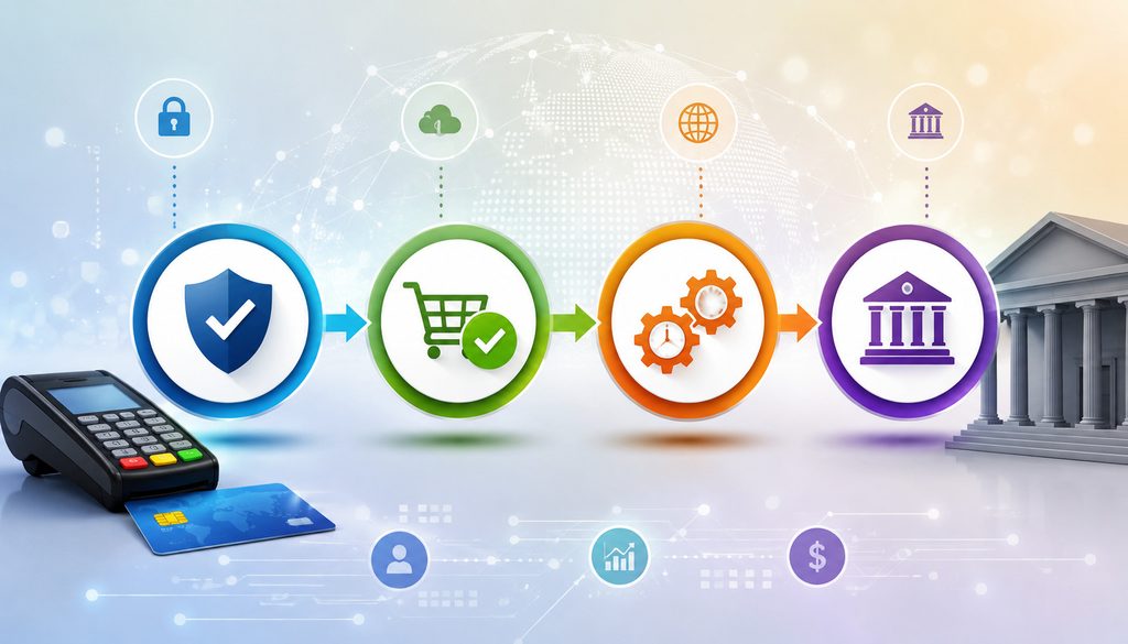 Payment authorization, capture, settlement, and bank posting process illustration
