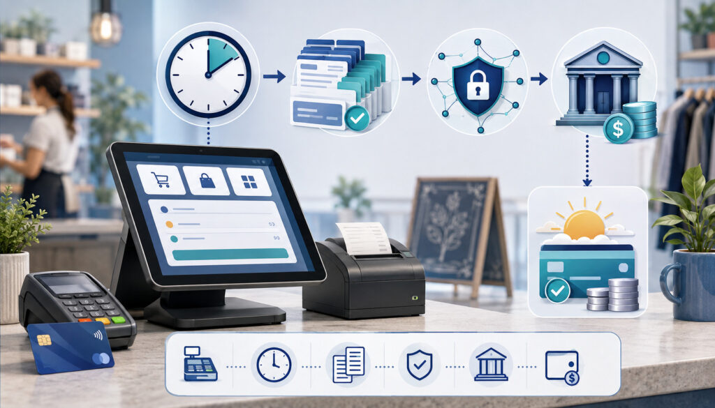 POS batch close timing for next-business-day funding