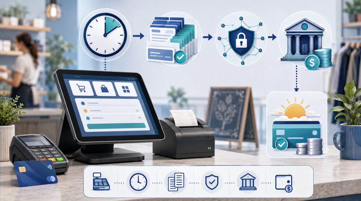 POS batch close timing for next-business-day funding